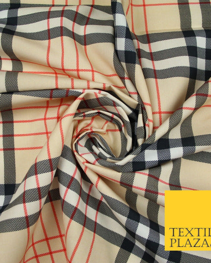 Beige Red Black Classic Tartan Check Designer Printed 100% Cotton Fabric 7340