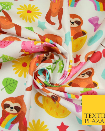 Playful Summer Cheeky Sloth Tea Party Rainbow Printed 100% Cotton Fabric 7341