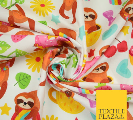 Playful Summer Cheeky Sloth Tea Party Rainbow Printed 100% Cotton Fabric 7341