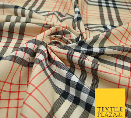 Beige Red Black Classic Tartan Check Designer Printed 100% Cotton Fabric 7340