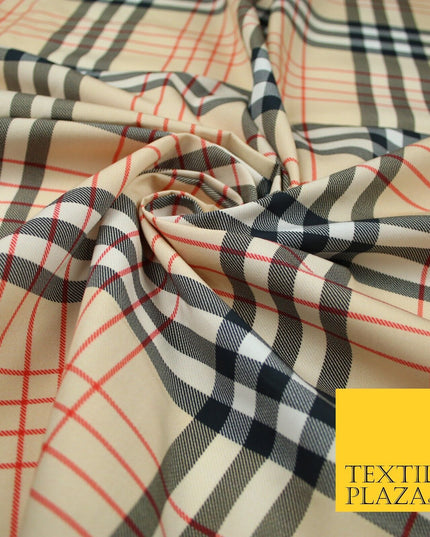 Beige Red Black Classic Tartan Check Designer Printed 100% Cotton Fabric 7340
