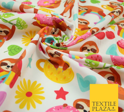 Playful Summer Cheeky Sloth Tea Party Rainbow Printed 100% Cotton Fabric 7341