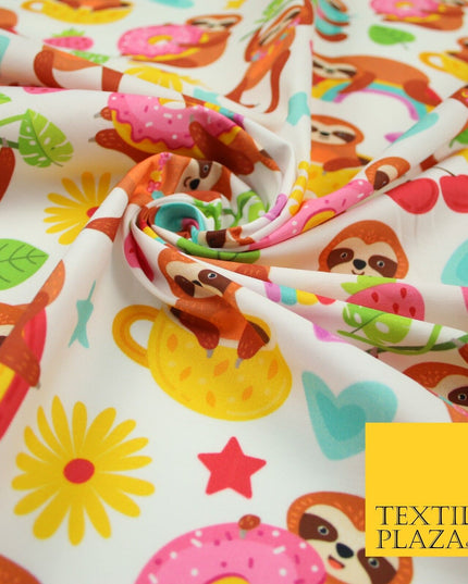 Playful Summer Cheeky Sloth Tea Party Rainbow Printed 100% Cotton Fabric 7341