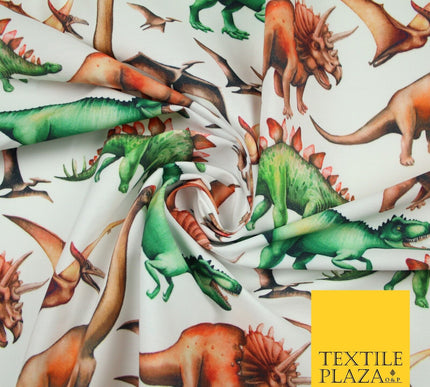 White Wild T Rex Jurassic Dinosaurs Dino Colour Printed 100% Cotton Fabric 7342