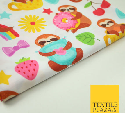 Playful Summer Cheeky Sloth Tea Party Rainbow Printed 100% Cotton Fabric 7341