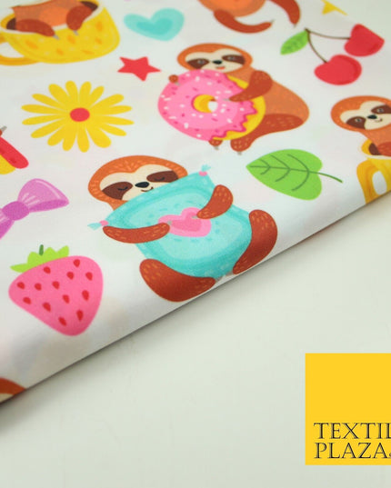Playful Summer Cheeky Sloth Tea Party Rainbow Printed 100% Cotton Fabric 7341