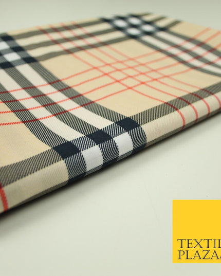 Beige Red Black Classic Tartan Check Designer Printed 100% Cotton Fabric 7340