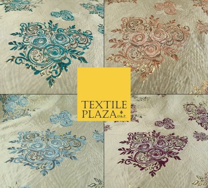 Luxury Floral Rose Trio Wave Textured Brocade Dress Fabric Metallic 59" Wide