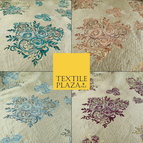 Luxury Floral Rose Trio Wave Textured Brocade Dress Fabric Metallic 59" Wide