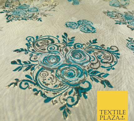 Luxury Floral Rose Trio Wave Textured Brocade Dress Fabric Metallic 59" Wide