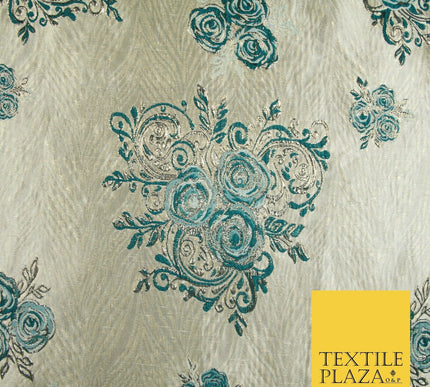 Luxury Floral Rose Trio Wave Textured Brocade Dress Fabric Metallic 59" Wide
