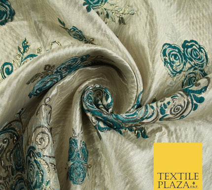 Luxury Floral Rose Trio Wave Textured Brocade Dress Fabric Metallic 59" Wide