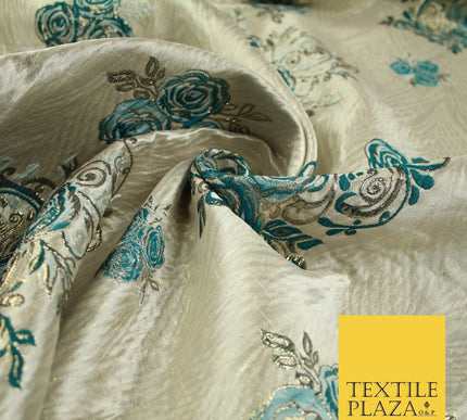 Luxury Floral Rose Trio Wave Textured Brocade Dress Fabric Metallic 59" Wide