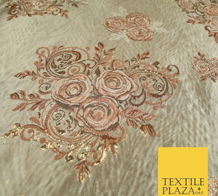 Luxury Floral Rose Trio Wave Textured Brocade Dress Fabric Metallic 59" Wide
