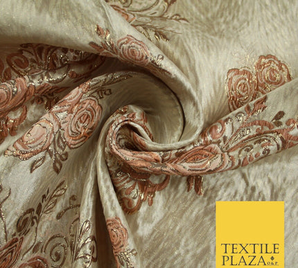 Luxury Floral Rose Trio Wave Textured Brocade Dress Fabric Metallic 59" Wide