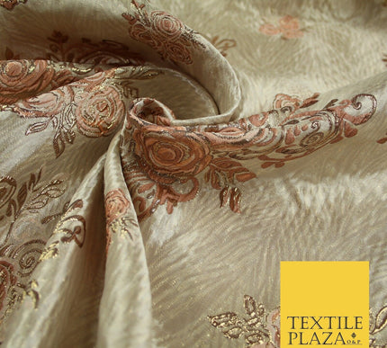 Luxury Floral Rose Trio Wave Textured Brocade Dress Fabric Metallic 59" Wide
