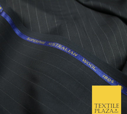 BLACK 15mm SUPERFINE AUSTRALIAN WOOL 180S MICRODOT PINSTRIPE SUITING FABRIC 7471