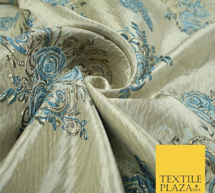 Luxury Floral Rose Trio Wave Textured Brocade Dress Fabric Metallic 59" Wide