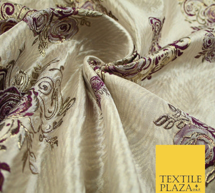 Luxury Floral Rose Trio Wave Textured Brocade Dress Fabric Metallic 59" Wide
