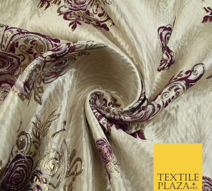 Luxury Floral Rose Trio Wave Textured Brocade Dress Fabric Metallic 59" Wide