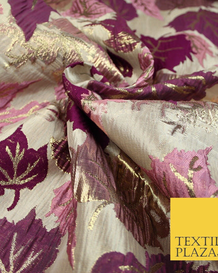Luxury Autumnal Falling Maple Leaves Textured Brocade Dress Fabric Metallic 59"