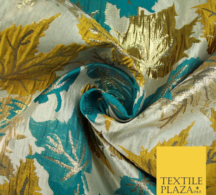 Luxury Autumnal Falling Maple Leaves Textured Brocade Dress Fabric Metallic 59"