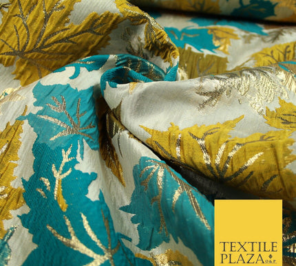 Luxury Autumnal Falling Maple Leaves Textured Brocade Dress Fabric Metallic 59"