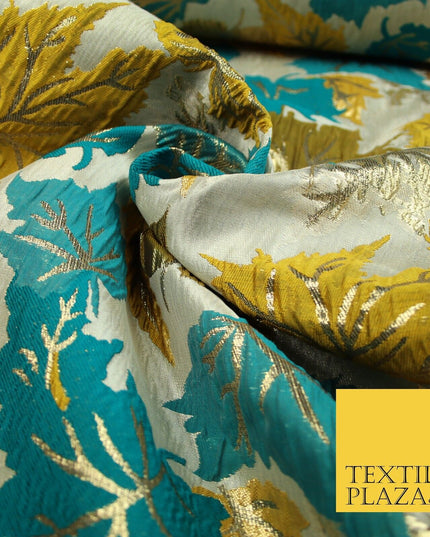 Luxury Autumnal Falling Maple Leaves Textured Brocade Dress Fabric Metallic 59"