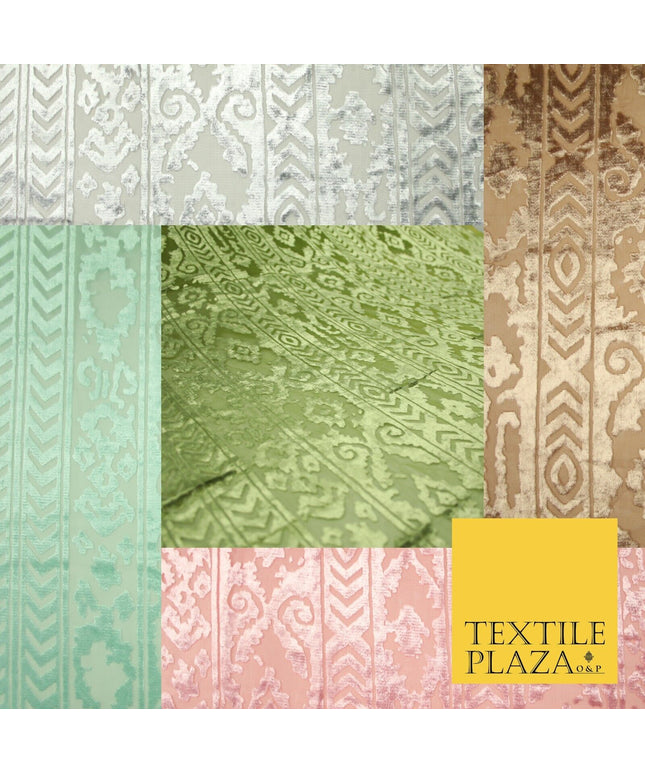 5 COLOURS Aztec Tribal Ornate Striped Velvet Burnout Brasso Devore Dress Fabric