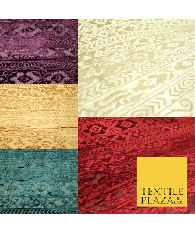 Aztec Tribal Ornate Striped Velvet Burnout Brasso Devore Dress Fabric 5 COLOURS