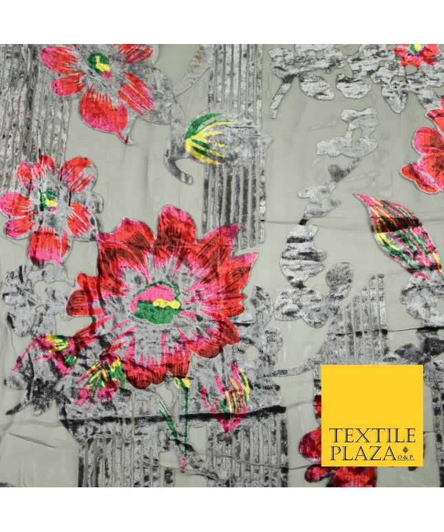 Grey Red Floral Bloom Striped Velvet Burnout Brasso Devore Dress Fabric 44" 7382