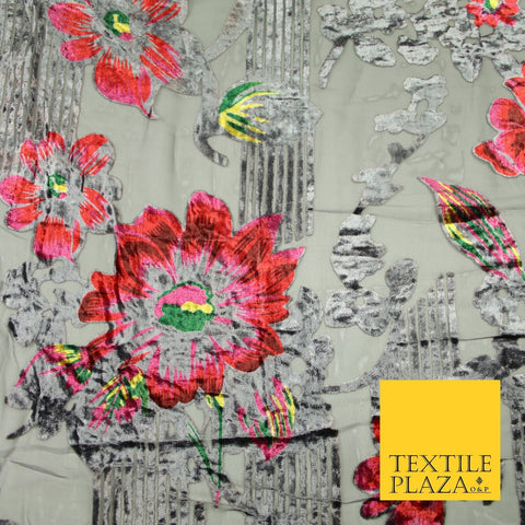 Grey Red Floral Bloom Striped Velvet Burnout Brasso Devore Dress Fabric 44" 7382