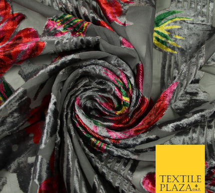 Grey Red Floral Bloom Striped Velvet Burnout Brasso Devore Dress Fabric 44" 7382