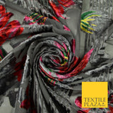 Grey Red Floral Bloom Striped Velvet Burnout Brasso Devore Dress Fabric 44" 7382