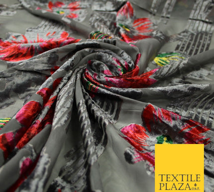 Grey Red Floral Bloom Striped Velvet Burnout Brasso Devore Dress Fabric 44" 7382