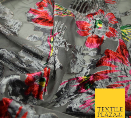 Grey Red Floral Bloom Striped Velvet Burnout Brasso Devore Dress Fabric 44" 7382