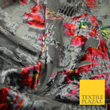 Grey Red Floral Bloom Striped Velvet Burnout Brasso Devore Dress Fabric 44" 7382