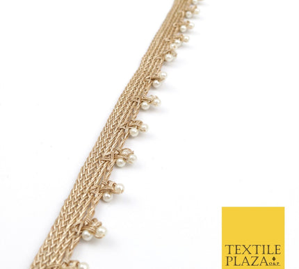 Light Gold White Pearl Trio Knot Beaded Ribbon Trim Border Indian Ethnic X191
