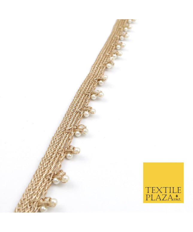Light Gold White Pearl Trio Knot Beaded Ribbon Trim Border Indian Ethnic X191