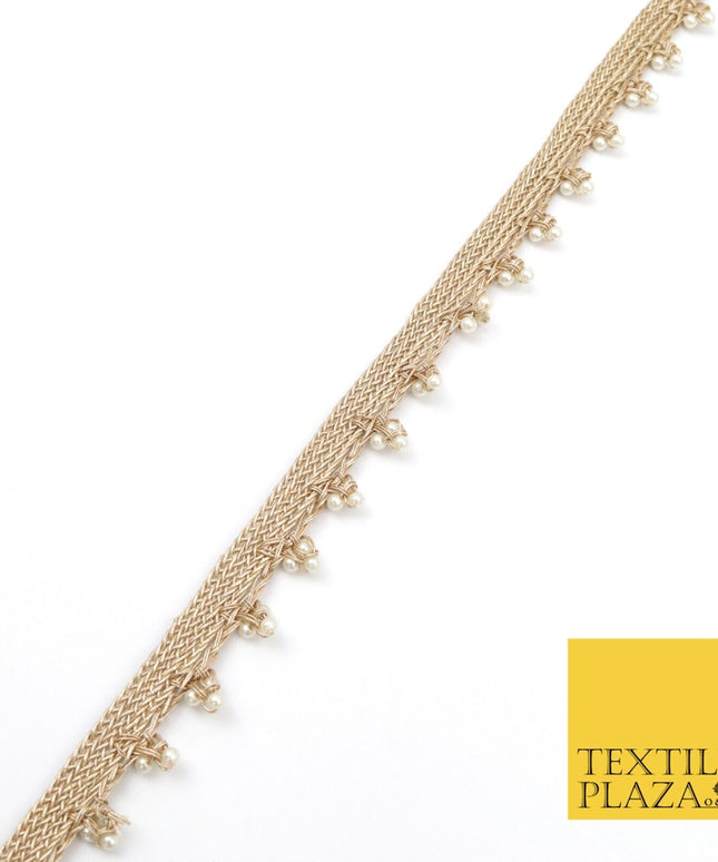 Light Gold White Pearl Trio Knot Beaded Ribbon Trim Border Indian Ethnic X191