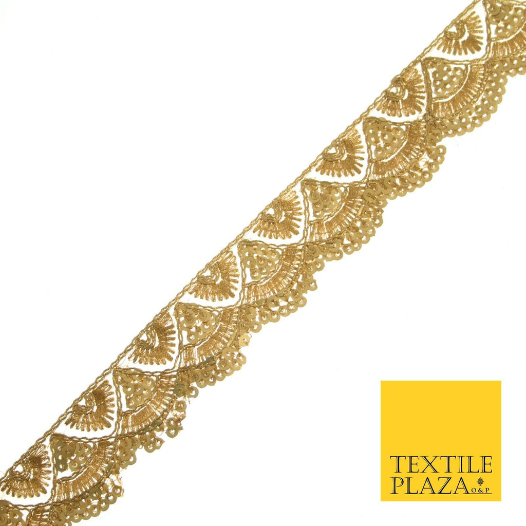 Matt Gold Sequin Threadwork Scalloped Net Gota Trim Border Ribbon Lace X550