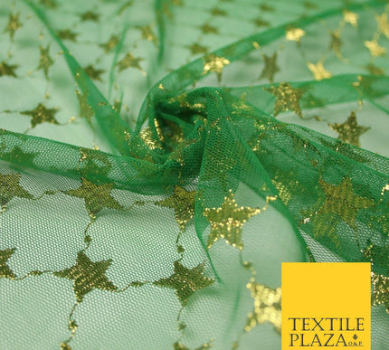 Green Metallic Gold Stars Lattice Mesh Net Lace Dress Fabric Festive 58" 7102