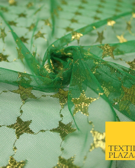 Green Metallic Gold Stars Lattice Mesh Net Lace Dress Fabric Festive 58" 7102
