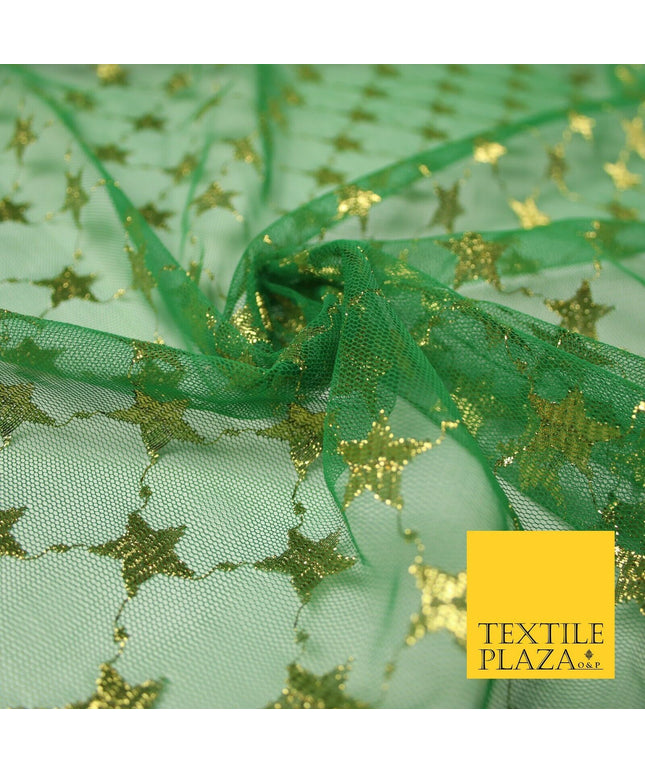 Green Metallic Gold Stars Lattice Mesh Net Lace Dress Fabric Festive 58" 7102