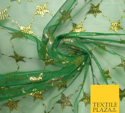 Green Metallic Gold Stars Lattice Mesh Net Lace Dress Fabric Festive 58" 7102