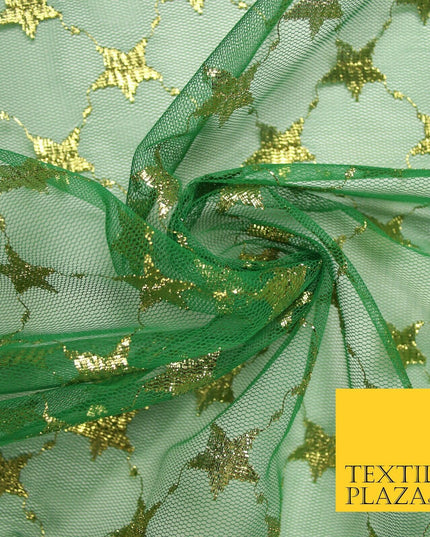Green Metallic Gold Stars Lattice Mesh Net Lace Dress Fabric Festive 58" 7102