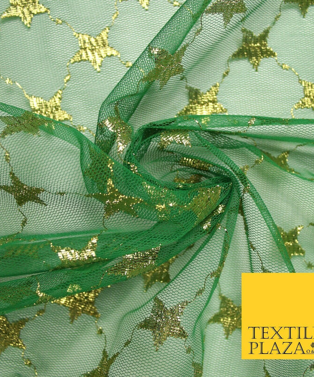 Green Metallic Gold Stars Lattice Mesh Net Lace Dress Fabric Festive 58" 7102