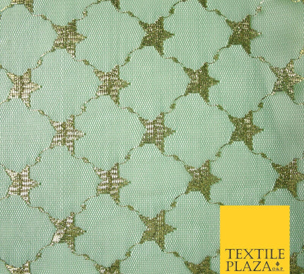 Green Metallic Gold Stars Lattice Mesh Net Lace Dress Fabric Festive 58" 7102