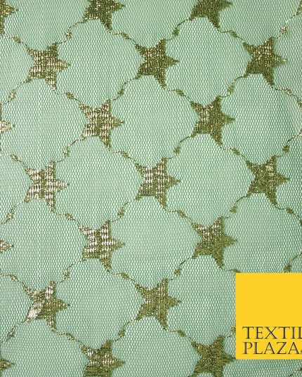 Green Metallic Gold Stars Lattice Mesh Net Lace Dress Fabric Festive 58" 7102