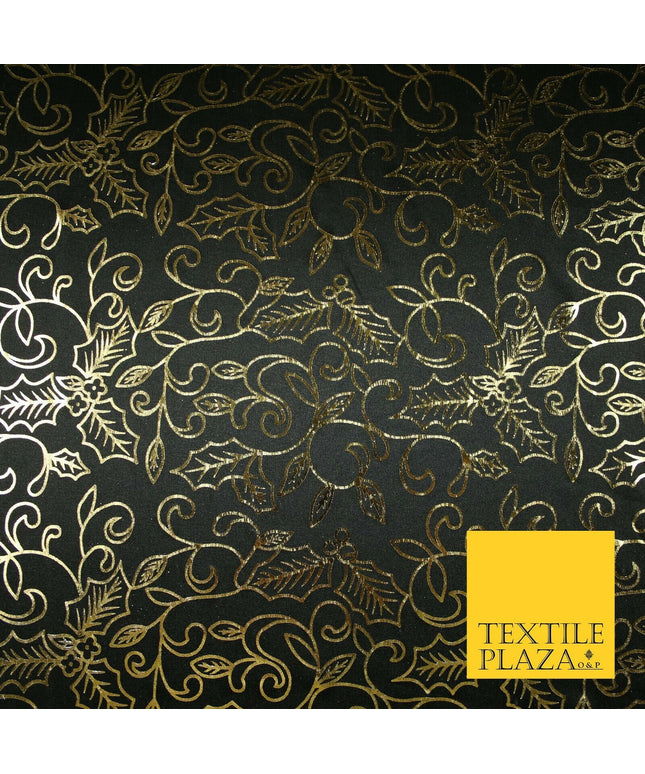 Black Gold Festive Ornate Holly Shiny Computer Foil Fabric Costume Dancewear7100